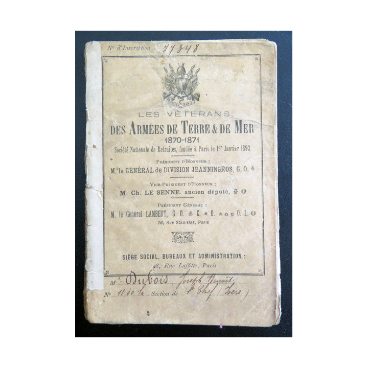 Livret des Vétérans des armées de terre et de mer 1870-1871 n° 77348 délivré à Joseph Dubois
