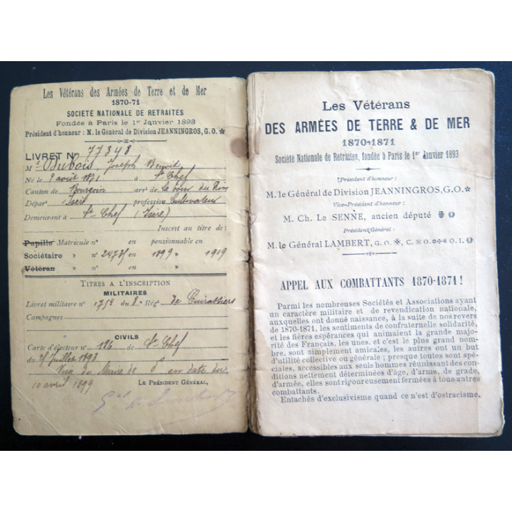 Livret des Vétérans des armées de terre et de mer 1870-1871 n° 77348 délivré à Joseph Dubois