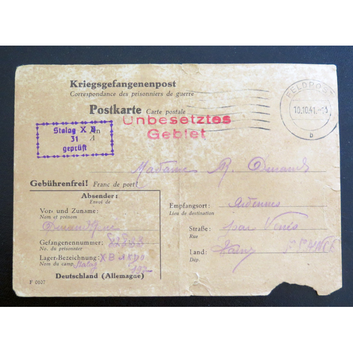 Lettre de prisonnier de guerre sous le format de correspondance de la Kriegsdefangenenpost Octobre 1941