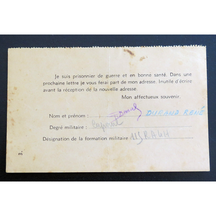 Lettre de prisonnier de guerre sous le format de correspondance de la Kriegsdefangenendung Septembre 1940