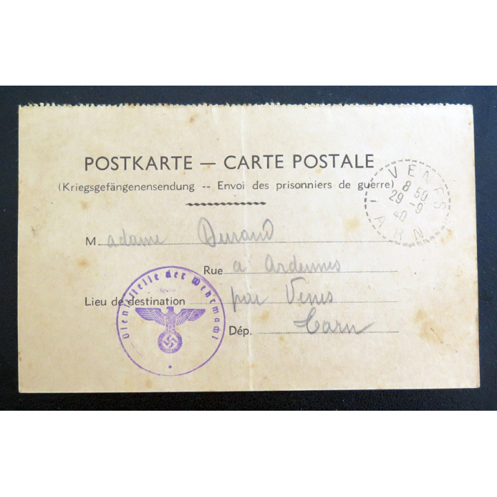 Lettre de prisonnier de guerre sous le format de correspondance de la Kriegsdefangenendung Septembre 1940