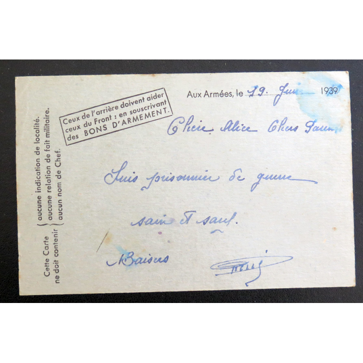 carte postale militaire de prisonnier de guerre de Juin 1939