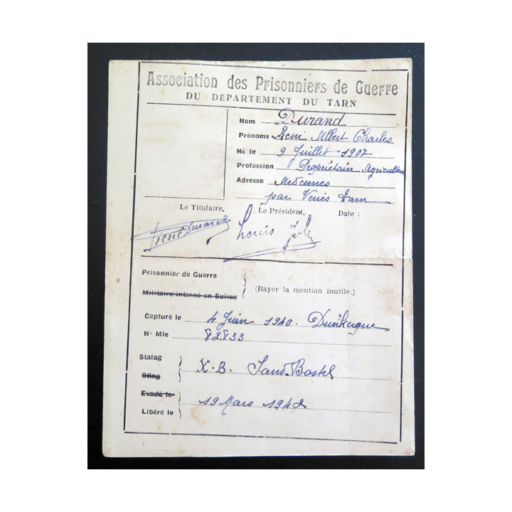 Carte d'association des prisonniers de Guerre du département du Tarn 1942
