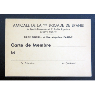 Carte de membre de la 1° Brigade de spahis 4° RSM et 9° RSA de la guerre 1939 / 1940