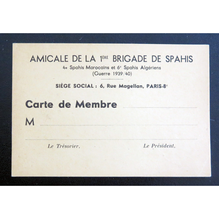 Carte de membre de la 1° Brigade de spahis 4° RSM et 9° RSA de la guerre 1939 / 1940