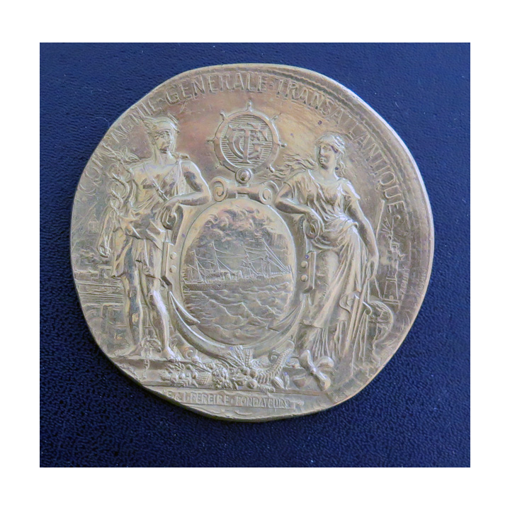 Médaille en bronze patiné de récompense de la CGT compagnie générale de Transatlantique diamètre 68 mm