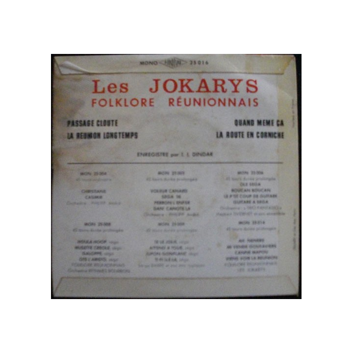 DISQUE 45 TOURS : LES JOKARYS FOLKLORE RÉUNIONNAIS (DINDAR 25016)
