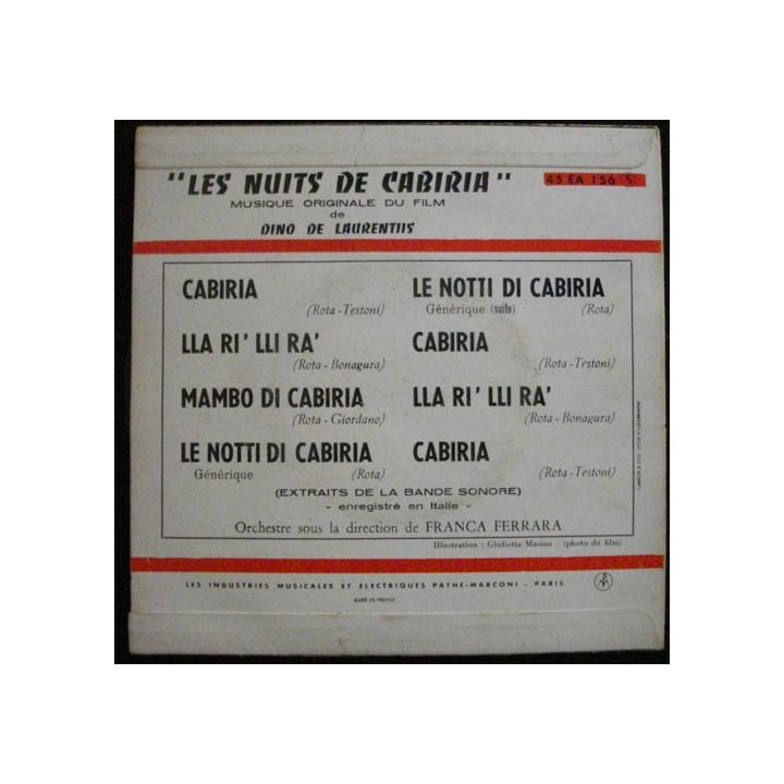DISQUE 45 TOURS : LES NUITS DE CABIRIA BANDE SONORE FILM N°EA 156
