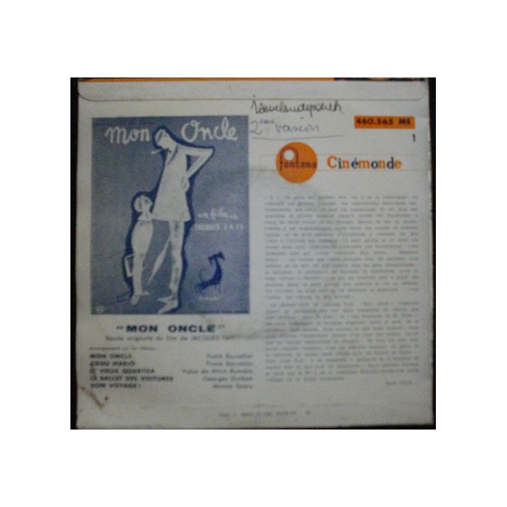 DISQUE 45 TOURS : BANDE ORIGINALE DU FILM DE J. TATI MON ONCLE