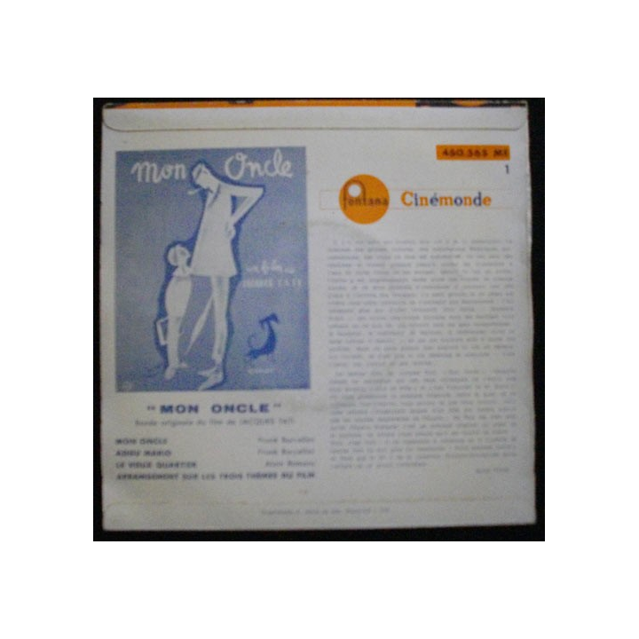 DISQUE 45 TOURS : BANDE ORIGINALE DU FILM DE J. TATI MON ONCLE