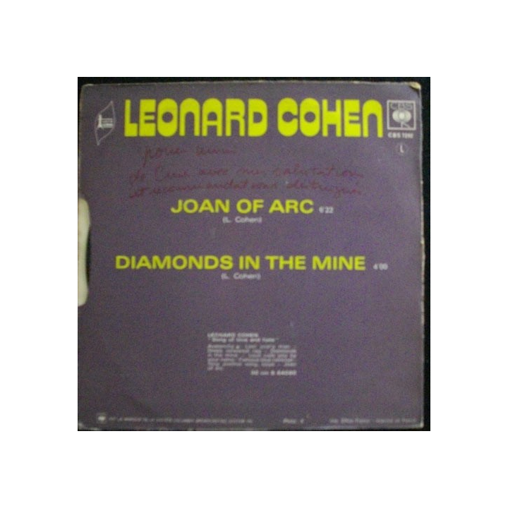 DISQUE 45 TOURS : LEONARD COHEN DIAMONDS IN THE MINE / JOAN OF ARC