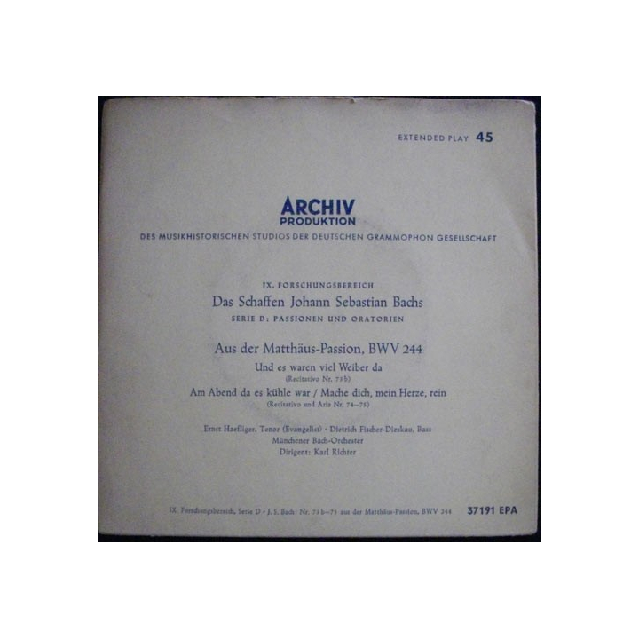 DISQUE 45 TOURS : ARCHIV PRODUKTION JOHANN SEBASTIAN BACHS