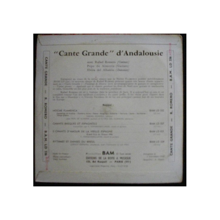 DISQUE 45 TOURS : CANTE GRANDE D'ANDALOUSIE RAFAEL ROMERO