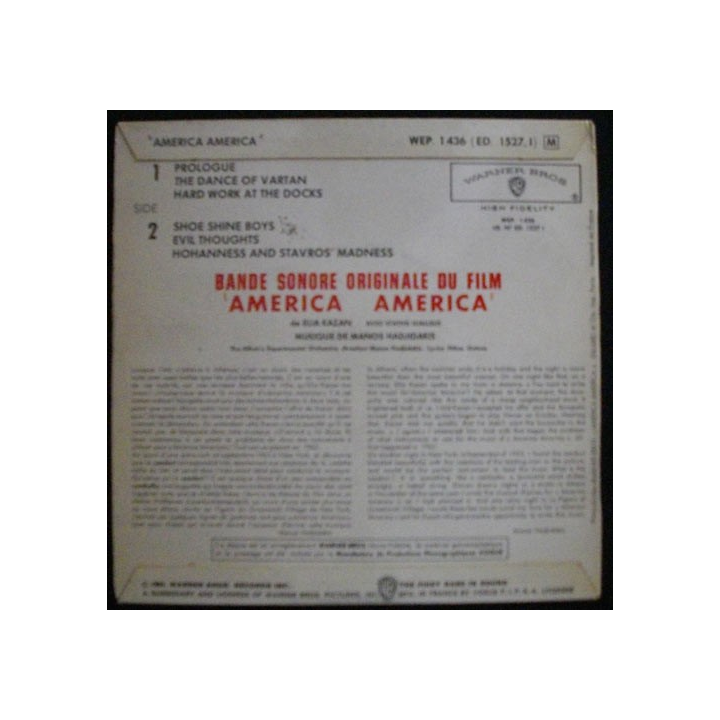 DISQUE 45 TOURS : BANDE SONORE ORIGINALE DE AMERICA DE ELIA KAZAN