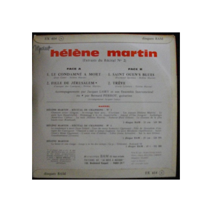 DISQUE 45 TOURS : HÉLÈNE MARTIN LE CONDAMNÉ A MORT N°EX 614