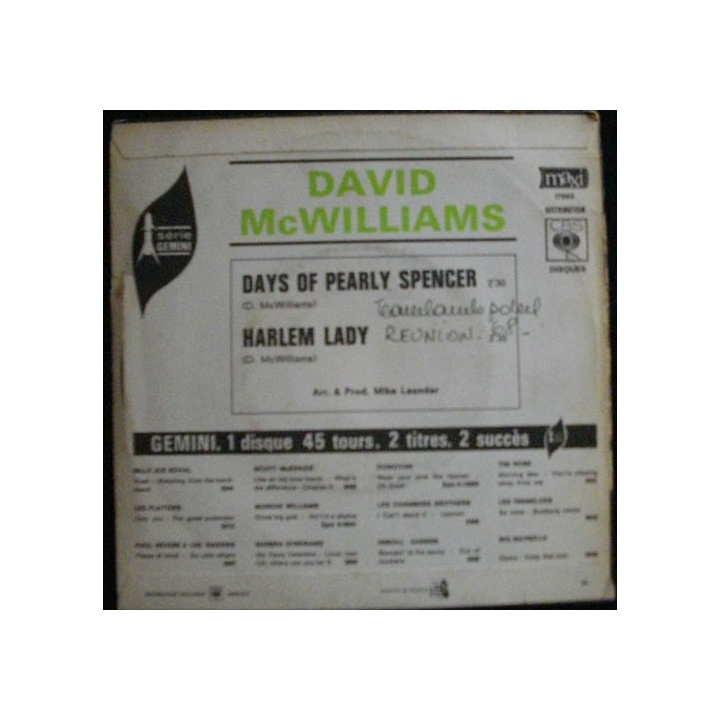 DISQUE 45 TOURS : DAVID MC WILLIAMS DAYS OF PEARLY SPENCER