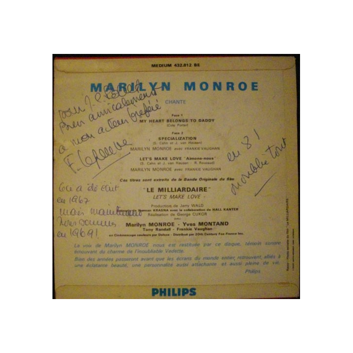 DISQUE 45 TOURS : MARYLIN MONROE MY HEART BELONGS TO DADDY