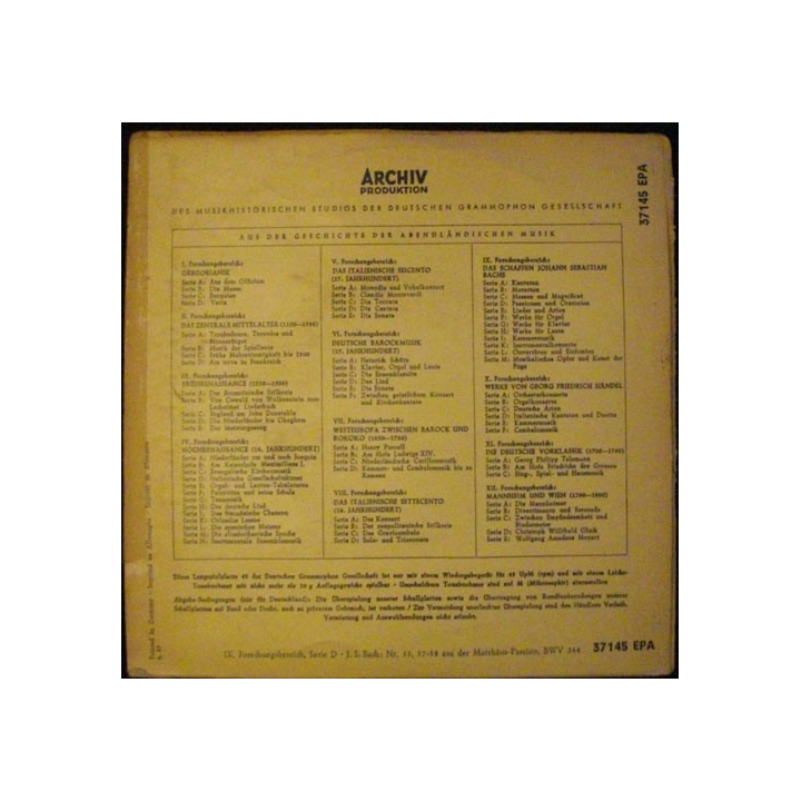 DISQUE 45 TOURS : ARCHIV PRODUKTION JOHANN SEB BACHS N°37145 EPA