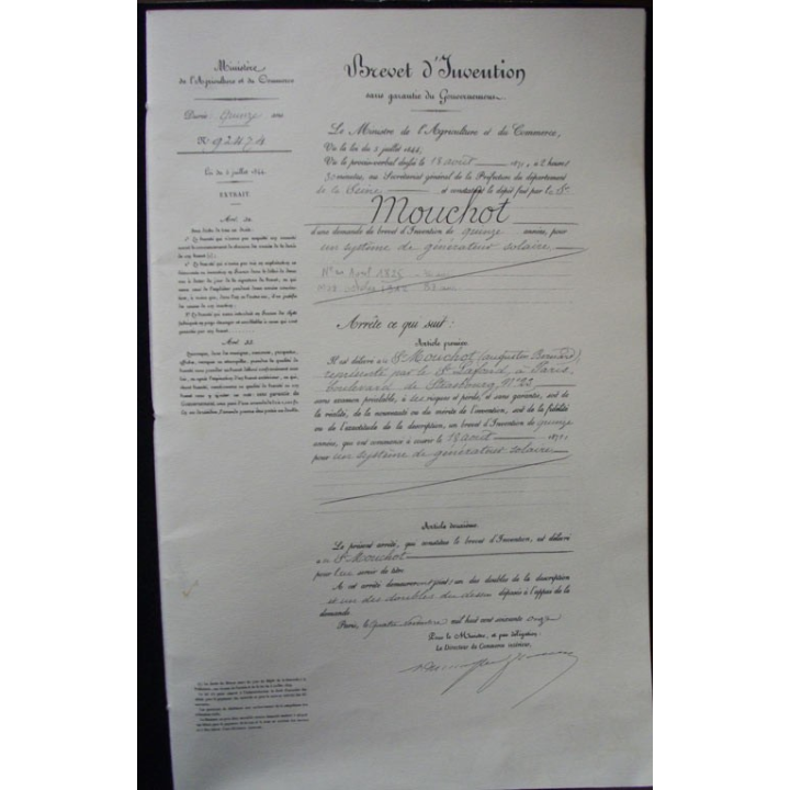 BREVET D'INVENTION DE GÉNÉRATEUR SOLAIRE : MOUCHOT (COPIE)
