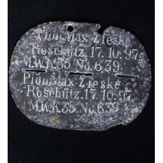 PLAQUE DIDENTITÉ 1°GUERRE MONDIALE : PION MAX ZIESKE 17.10.1897