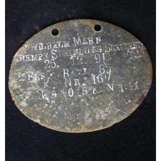 PLAQUE DIDENTITÉ 1°GUERRE MONDIALE : WILHEM MAHN 26.12.1891