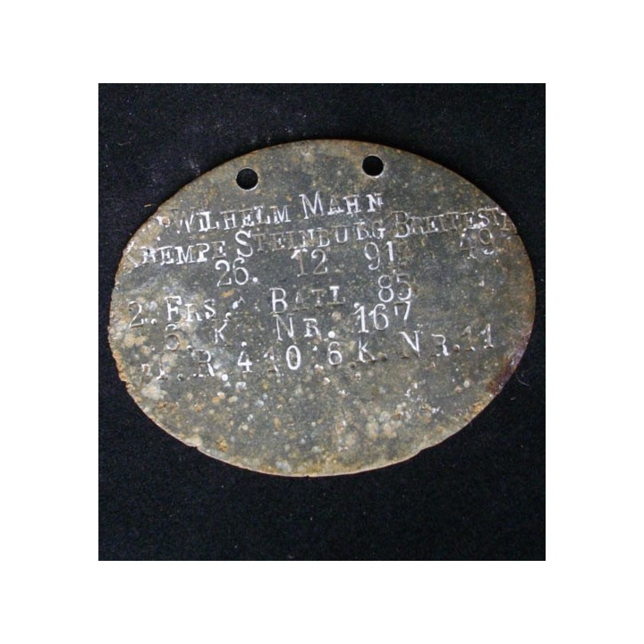 PLAQUE DIDENTITÉ 1°GUERRE MONDIALE : WILHEM MAHN 26.12.1891
