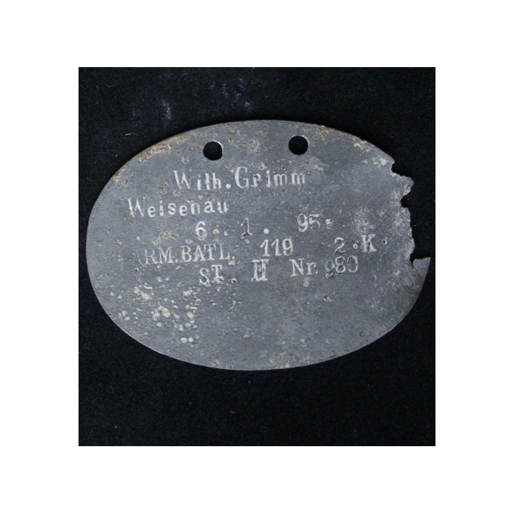 PLAQUE DIDENTITÉ 1°GUERRE MONDIALE : WILH GRIMM 6.1.1895