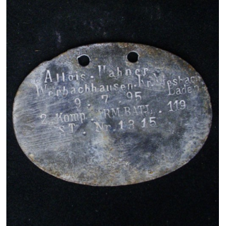 PLAQUE DIDENTITÉ 1°GUERRE MONDIALE : ALLOIS WAHNER 9.7.1895