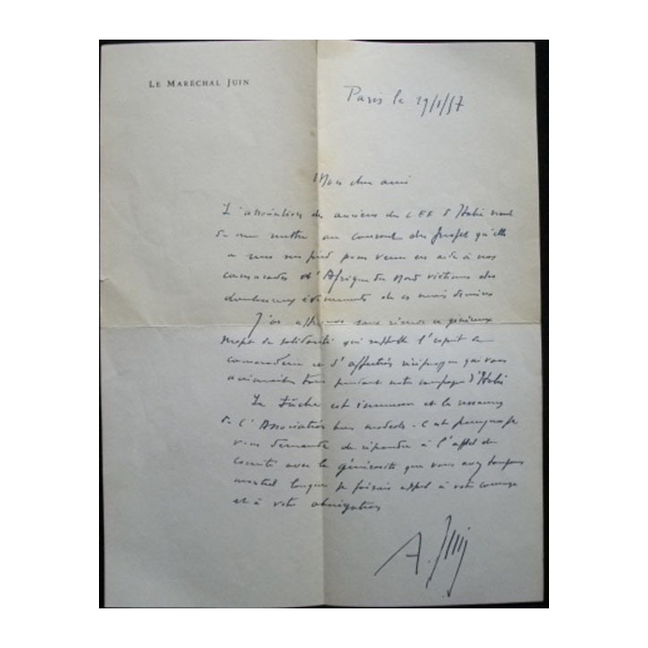 AUTOGRAPHE DU MARÉCHAL JUIN LETTRE DU 21/01/1957