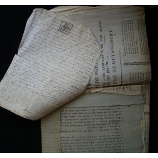 vieux manuscrit du 02 Avril 1793 de 7 pages concernant la concession d'un bail pour une ferme du Chesnay avec 2 sceaux de 25 cts
