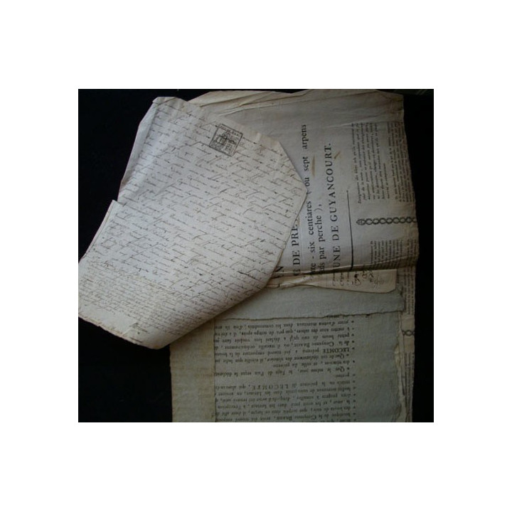 vieux manuscrit du 02 Avril 1793 de 7 pages concernant la concession d'un bail pour une ferme du Chesnay avec 2 sceaux de 25 cts