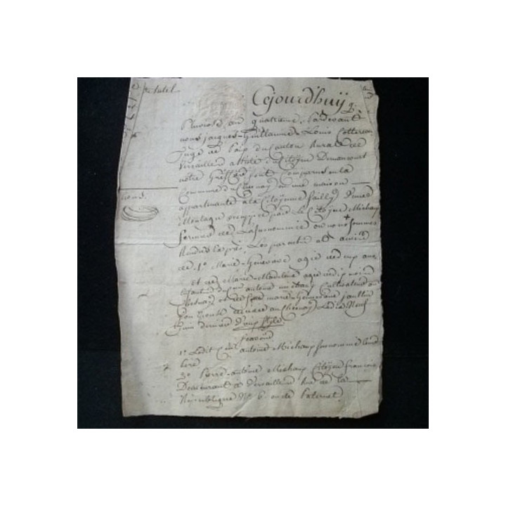 vieux manuscrit du 15 pluviose an quatrième comprenant un acte de tutelle de 4 pages avec un sceau sec 'expédition' de 8 sols