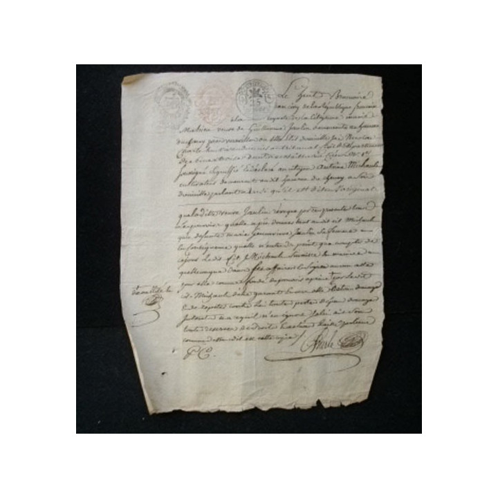 vieux manuscrit du 8 brumaire an cinq comprenant 1 page recto verso avec un sceau de 25 centimes et 2 sceaux d'expédition