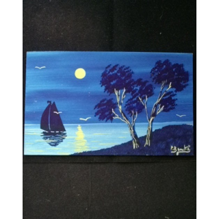 PEINTURE GOUACHE : voilier au clair de lune 12,5 x 20,5 cm signé P. Benkö