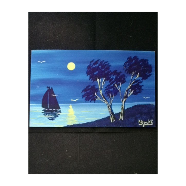 PEINTURE GOUACHE : voilier au clair de lune 12,5 x 20,5 cm signé P. Benkö