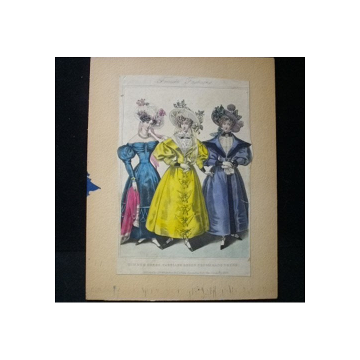 MODE : image de mode "French Fashions"14,5 x 21,5 cm appelée "dinner dress, carriage dress, promenade dress" années 1830