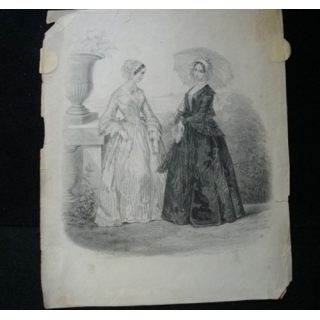MODE : gravure noire et blanc de Anaïs Colin en 1844 présente deux femmes en robe longue.