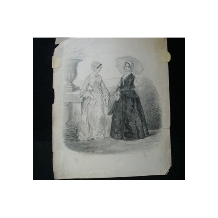 MODE : gravure noire et blanc de Anaïs Colin en 1844 présente deux femmes en robe longue.