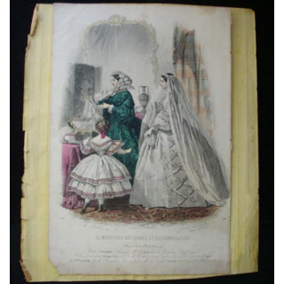 Gravure couleur de Jules David deux femmes et une petite fille en robe de mariée