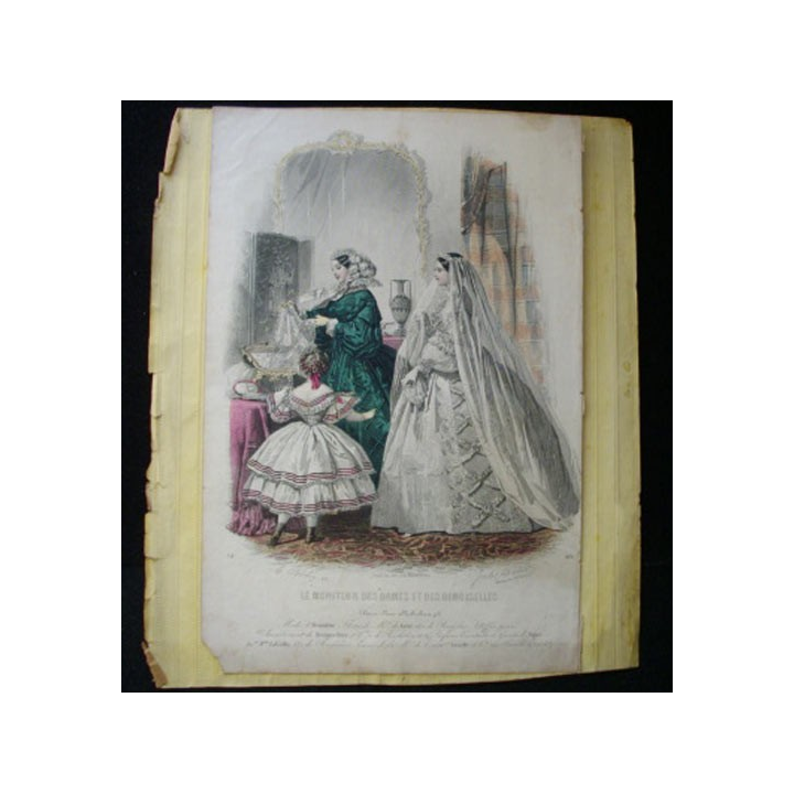 Gravure couleur de Jules David deux femmes et une petite fille en robe de mariée