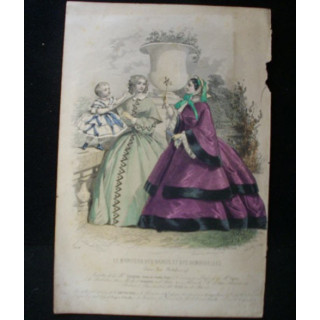 cette gravure couleur de Jules David présente deux femmes et un enfant en robe de Pauline Conter