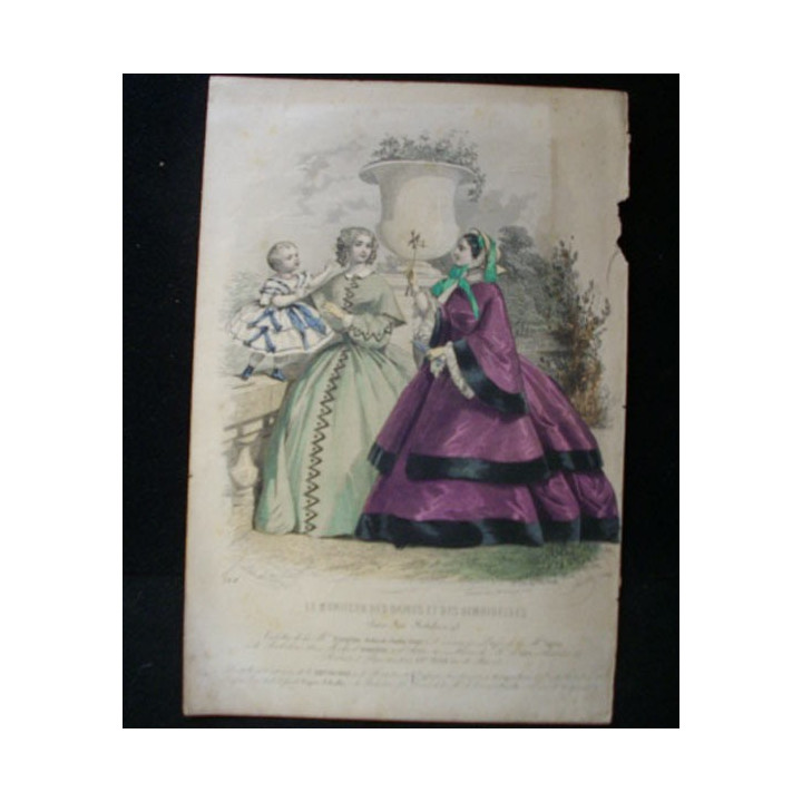 cette gravure couleur de Jules David présente deux femmes et un enfant en robe de Pauline Conter