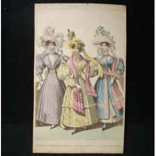 MODE : image de mode 14,5 x 24 cm appelée "public promenade dress, dinner dress, carriage dress" années 1830