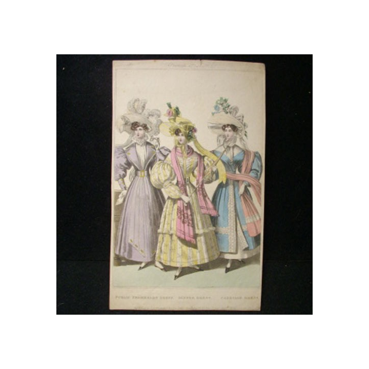 MODE : image de mode 14,5 x 24 cm appelée "public promenade dress, dinner dress, carriage dress" années 1830