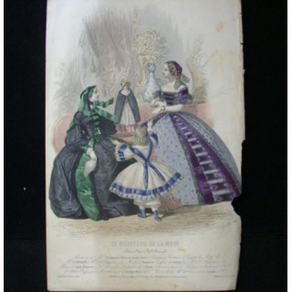 cette gravure couleur de Jules David présente deux femmes et deux enfants en robe de Pauline Conter