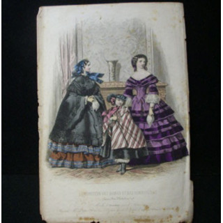 MODE : Le Moniteur des dames et des demoiselles : gravure couleur de Jules David présente deux femmes et un enfant en robe