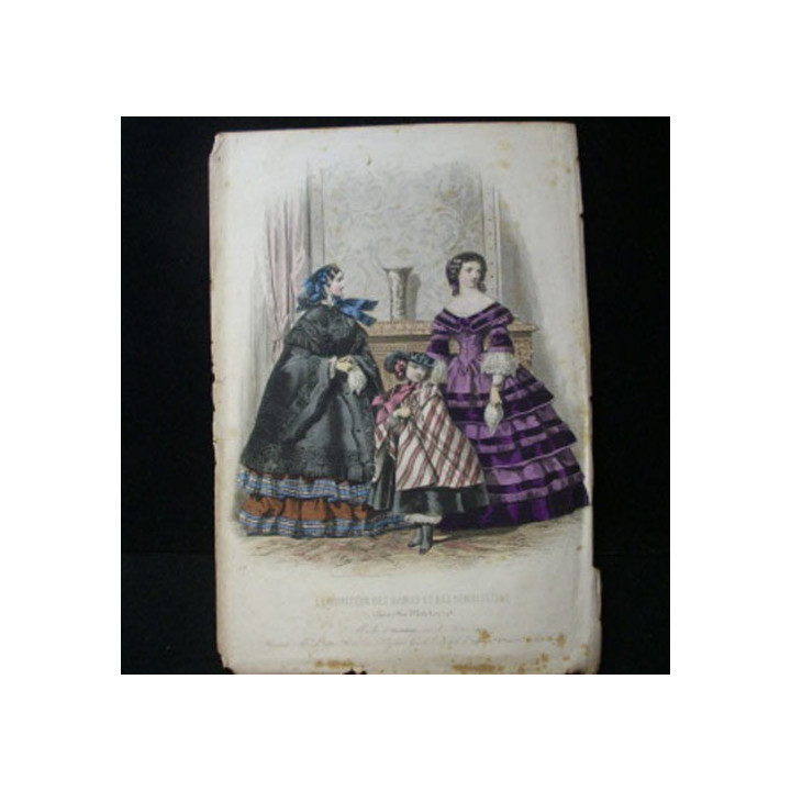 MODE : Le Moniteur des dames et des demoiselles : gravure couleur de Jules David présente deux femmes et un enfant en robe