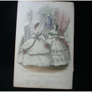 MODE : Le Moniteur des dames et des demoiselles : gravure couleur de Jules David présente deux femmes en robe mode d'Alexandrine