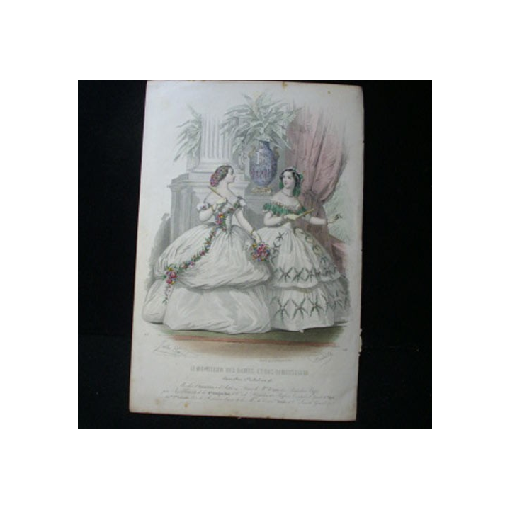 MODE : Le Moniteur des dames et des demoiselles : gravure couleur de Jules David présente deux femmes en robe mode d'Alexandrine