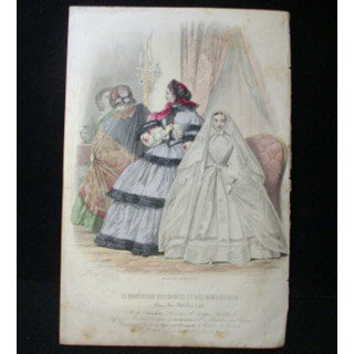 MODE : Le Moniteur des dames et des demoiselles : gravure couleur de Jules David présente trois femmes en robe